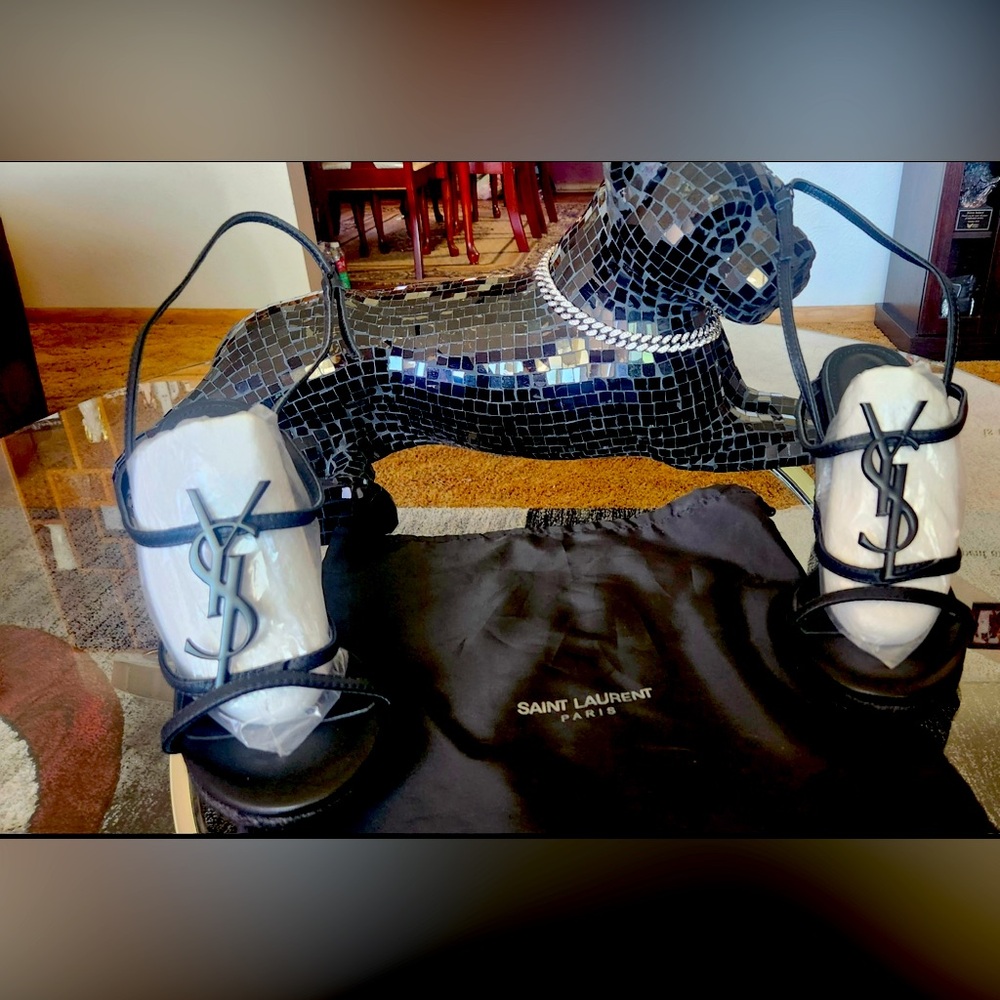 Saint Laurent Black Ankle Wrap Wedge Sandals